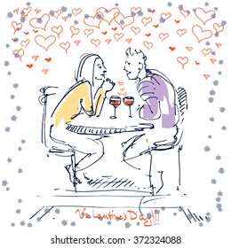 Valentine's Day. Couple in love sitting in restaurant with vine in the wineglass. Love cards. Vector sketch.