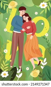 Valentine's day couple lying on the lawn with plants and flowers in the background, vector illustration