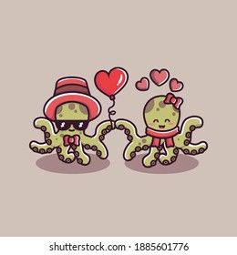 valentine's day couple of octopus character holding heart balloons. cute animal couples