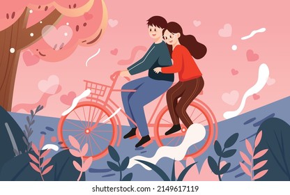 Pareja de San Valentín en un paseo en bicicleta en una cita romántica con corazones y plantas en el fondo, ilustración vectorial