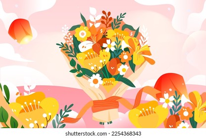 Valentines day couple on date, background with flowers and hearts, vector illustration