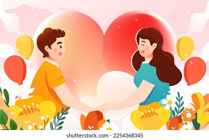 Valentines day couple on date, background with flowers and hearts, vector illustration