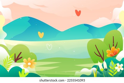 Valentines day couple on date, background with hearts and flowers, vector illustration