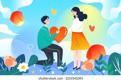 Valentines day couple on date, background with hearts and flowers, vector illustration