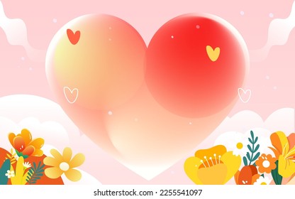 Valentines day couple on date, background with hearts and flowers, vector illustration