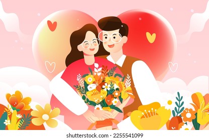 pareja de San Valentín en cita, fondo con corazones y flores, ilustración vectorial