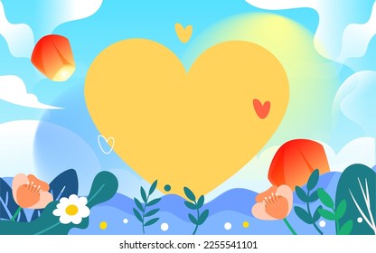 Valentines day couple on date, background with hearts and flowers, vector illustration