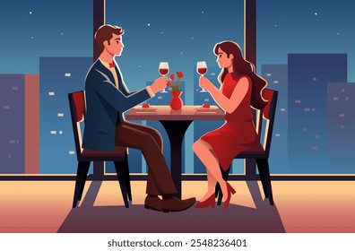 Día de San Valentín con la pareja sentada en un restaurante. Pareja de hombre y mujer jóvenes en una cita romántica o reunión y beber vino tinto. Ilustración vectorial dibujada a mano.