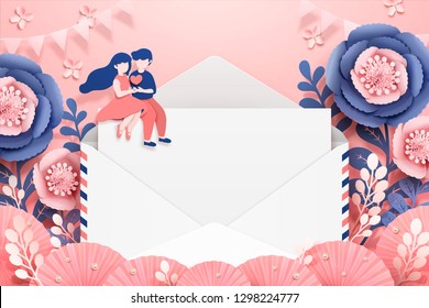 Valentine's Day with couple sitting upon blank envelope in 3d illustration, paper flower decorations