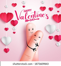 Valentines day couple vector background design. Happy valentine's day text with sweet and hugging finger lovers for romantic relationship valentines day design. Vector illustration