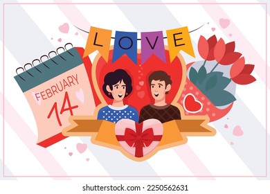 Valentine's Day: Couples in love celebrating with hearts, flowers and gifts. Vector illustration for your romantic designs. 14 February.