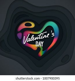 Valentines Day cover design. Black paper cut heart shape textured with liquid rainbow paint layer. 3d paper relief. Vector holiday illustration. LGBT concept