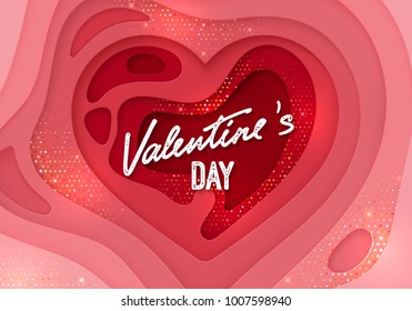 Valentines Day cover design. Pink and red paper cut heart shape textured with golden sparkling jewelery strass. Vector illustration. Holiday banner with shiny particles.