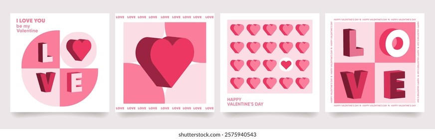 Valentine's Day cover, label, packaging, web, poster, greeting card, sale promotion templates design in Minimal style geometric shapes and hearts. Modern background in geometric style. Vector 