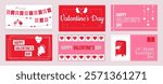 Valentines Day cover typography templates set for social media. Greeting cards design with flag garland, bird couple kissing, wings heart, cute cupid with balloon, love mailbox. Vector illustration.