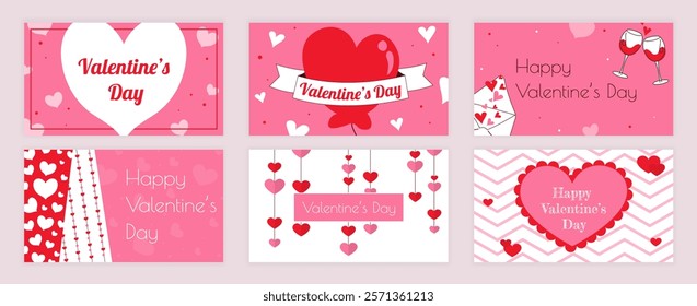 Valentines Day cover typography templates set for social media. Greeting cards design with happy romantic holiday, heart balloon and patterns, ribbons, love letters, garlands. Vector illustration.