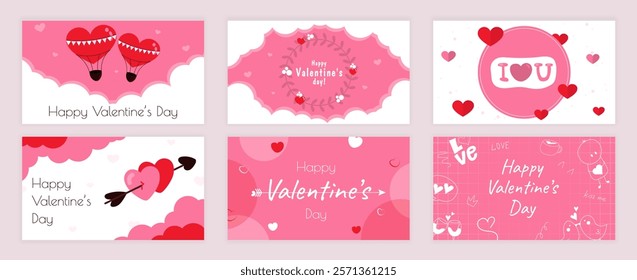 Valentines Day cover typography templates set for social media. Greeting cards design with heart hot air balloons, flower wreath, cupid arrow, happy holiday romantic celebration. Vector illustration.