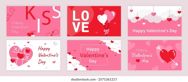 Valentines Day cover typography templates set for social media. Greeting cards design with kiss and love, heart balloons, cloud with garlands, romantic games, cupid arrow, other. Vector illustration.