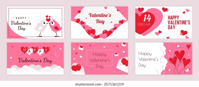 Valentines Day cover typography templates set for social media. Greeting cards design with bird couple kiss, love letters, 14 february date, heart balloons, romantic envelopes. Vector illustration.