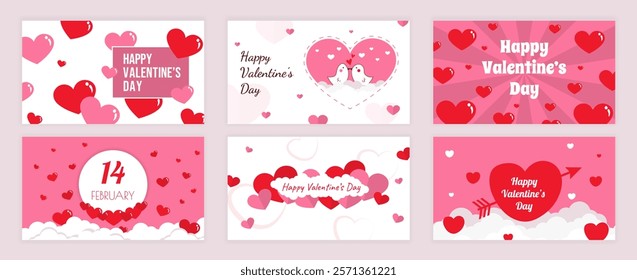 Valentines Day cover typography templates set for social media. Greeting cards design with happy holiday, bird couple kiss, 14 february in cloud, cupid arrow, heart ornates. Vector illustration.