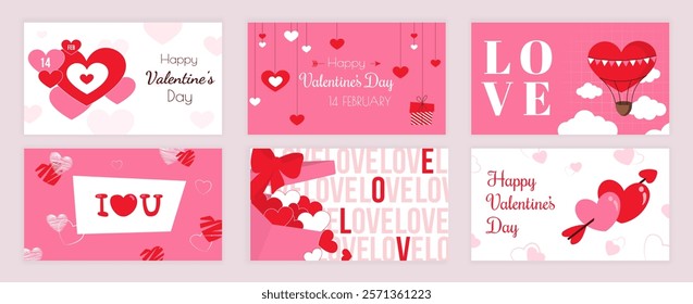 Valentines Day cover typography templates set for social media. Greeting cards design with happy holiday, heart garlands, love gift box, hot air balloon, arrow in heart couple. Vector illustration.