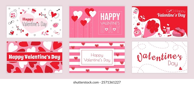 Valentines Day cover typography templates set for social media. Greeting cards design with romantic gifts, wings heart, love letter, garlands, rose bouquet, holiday calendar date. Vector illustration.