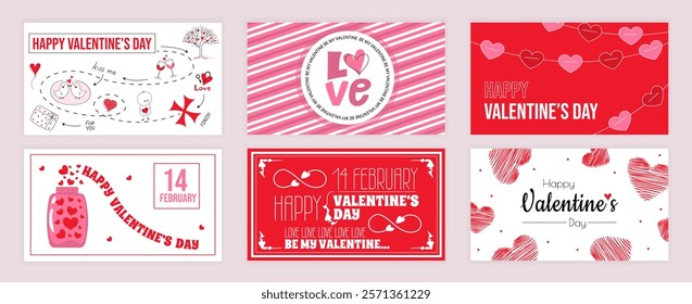 Valentines Day cover typography templates set for social media. Greeting cards design with romantic game with path map, heart garlands, love declaration, romance potion, other. Vector illustration.