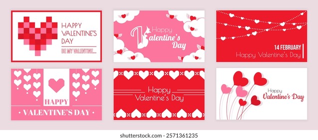 Valentines Day cover typography templates set for social media. Greeting cards design with hearts mosaic and garlands, cupid wings at clouds, love balloons, romantic elements. Vector illustration.