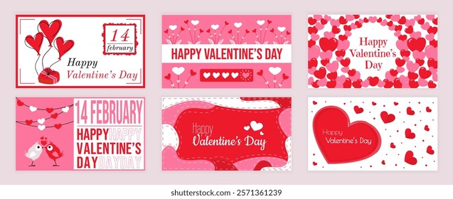 Valentines Day cover typography templates set for social media. Greeting cards design with heart balloons and garlands, gift, flowers, love frame, bird couple kiss, other signs. Vector illustration.