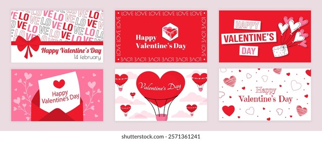 Valentines Day cover typography templates set for social media. Greeting cards design with red ribbon with bow, heart couple, gift with balloons, love letter, hot air ballon. Vector illustration.