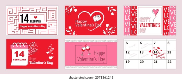 Valentines Day cover typography templates set for social media. Greeting cards design with labyrinth, holiday calendar date, romantic gift, heart balloon, champagne in glasses. Vector illustration.