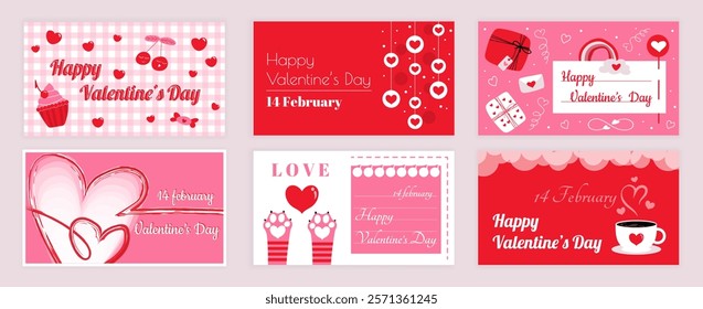 Valentines Day cover typography templates set for social media. Greeting cards design with cherry and cupcake, heart garlands, love letter, holiday gifts, cat paws, cup coffee. Vector illustration.