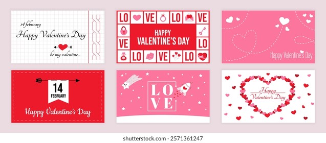 Valentines Day cover typography templates set for social media. Greeting cards design with happy holiday signs, cupid arrow, love declaration, padlock key, calendar date, other. Vector illustration.