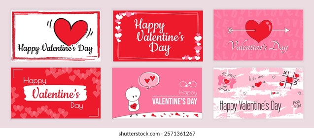 Valentines Day cover typography templates set for social media. Greeting cards design with red and pink hearts, cupid arrow, cute mascot with love declaration, holiday signs. Vector illustration.