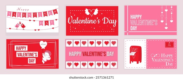 Valentines Day cover typography templates set for social media. Greeting cards design with flag garland, bird couple kissing, wings heart, cute cupid with balloon, love mailbox. Vector illustration.