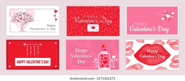 Valentines Day cover typography templates set for social media. Greeting cards design with hearts on love tree, romantic letters, romance potion, cupid arrow, lips with kiss. Vector illustration.