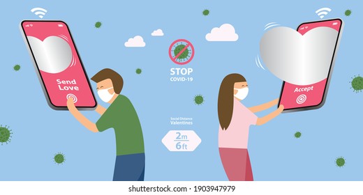 Valentines Day in COVID-19 period which people should keep social distancing to stop pandemic, boy virtually sending girl a heart, smartphone with love delivery system, smart technology concept.