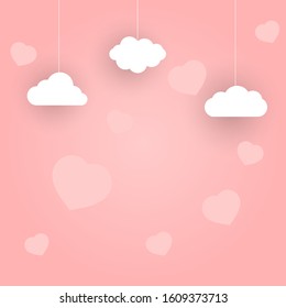 Valentine's day of craft paper design, contain pink hearts and clouds are holding by sting on top, soft pink background feel like fluffy in the air, Happy Valentine's Day text in middle with white bor