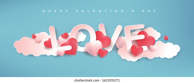 Valentine's day of craft paper design with text love pink hearts and clouds .love Invitation card Valentine's day.