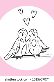 Valentine`s Day creative artistic card with couple of birds. Vector illustration. Love and romantic card template. Hand drawn elements