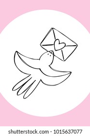 Valentine`s Day creative artistic card with bird and letter. Vector illustration. Love and romantic card template. Hand drawn elements