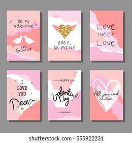 Valentine`s Day creative artistic cards set. Vector illustration. Wedding, love, romantic template. Hand drawn elements