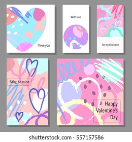 Valentine`s Day creative artistic cards set. Vector illustration. Wedding, love, romantic template