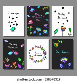 Valentine`s Day creative artistic cards set. Doodle style. Vector illustration. Wedding, love, romantic template