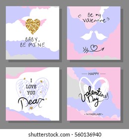 Valentine`s Day creative artistic cards set. Vector illustration. Wedding, love, romantic template. Hand drawn elements.