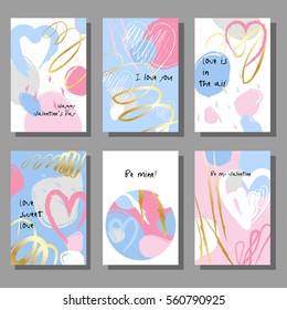 Juego de tarjetas artísticas creativas para San Valentín. Ilustración vectorial. Matrimonio, amor, plantilla romántica. Elementos dibujados a mano.