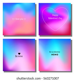 Valentine`s Day creative artistic cards set. Vector illustration. Colorful gradient background. Wedding, love, romantic template.