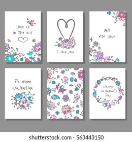 Valentine`s Day creative artistic cards set. Doodle style floral design. Vector illustration. Wedding, love, romantic template. Hand drawn elements.
