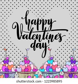 Valentines Day creative artistic hand drawn card. Vector illustration. Love, romantic template with hearts, lettering and sweets.