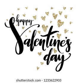 Valentines Day creative artistic hand drawn card. Vector illustration. Romantic template. Happy Valentines day words with golden glitter hearts
